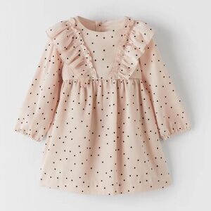 ZARA EUC Blush Light Pink Stunning Swiss Dot Ruffle Long Sleeve Ruffle Dress